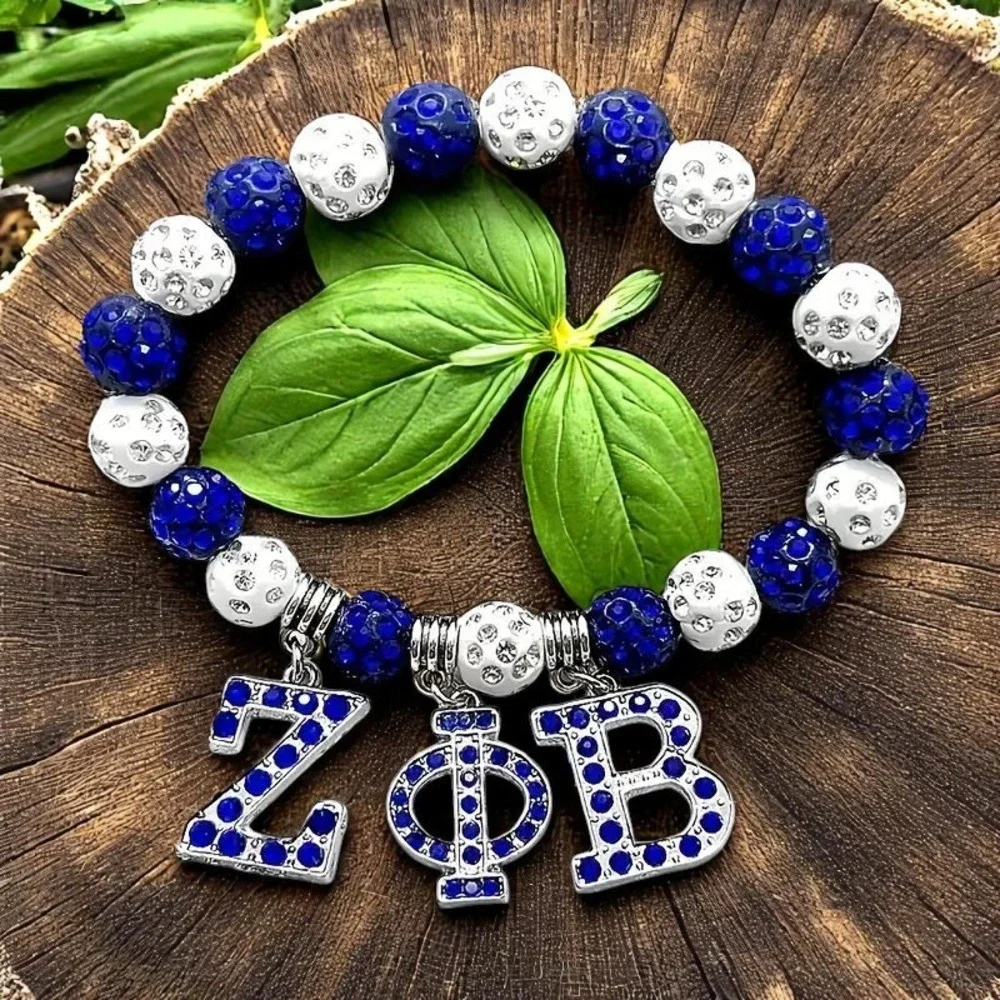 Zeta Phi Beta Bracelet Blue and White Beaded rhinestone‎ with Logo